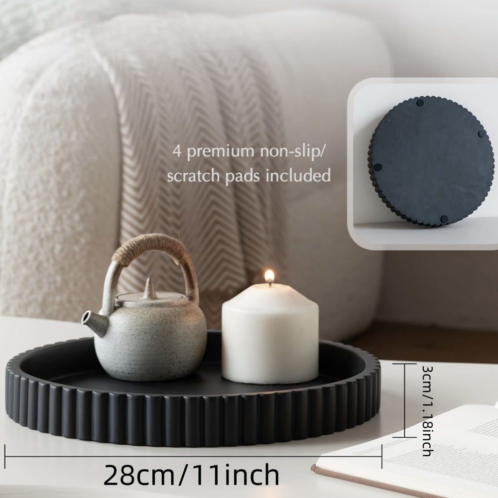 Wood Decorative Tray for Coffee Table 11 Inch Round Boho Serving Tray Wooden Centerpiece for Living Room Ottoman Console Table Jewelry Organizer Accent Decor Tabletop Storage Tray White Black