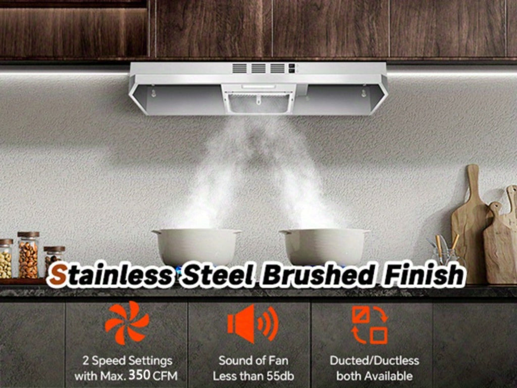 Range Hood 36 Inch Under Cabinet Ducted Ductless Convertible Stainless Steel 350CFM 2-Speed Exhaust Fan LED Light 3-Layer Aluminum Mesh Filter Top Rear Venting Kitchen Vent Hood