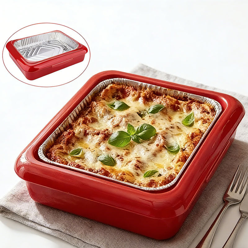 Aluminum Foil Tray with Lid - Insulated Stackable BBQ & Salad Serving Container for Outdoor Picnic, Party, Kitchen Use, Rectangular, Black & Red