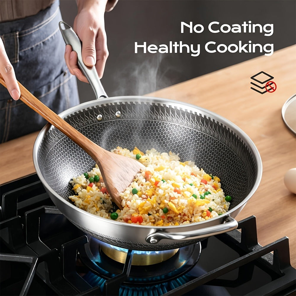 Stainless Steel Wok Set 13.3 Inch Non-stick Honeycomb Design with Lid & 2 Cookware Accessories ¨C Induction Compatible Cooking Pan for Electric Ceramic Gas Stove, Dishwasher Safe