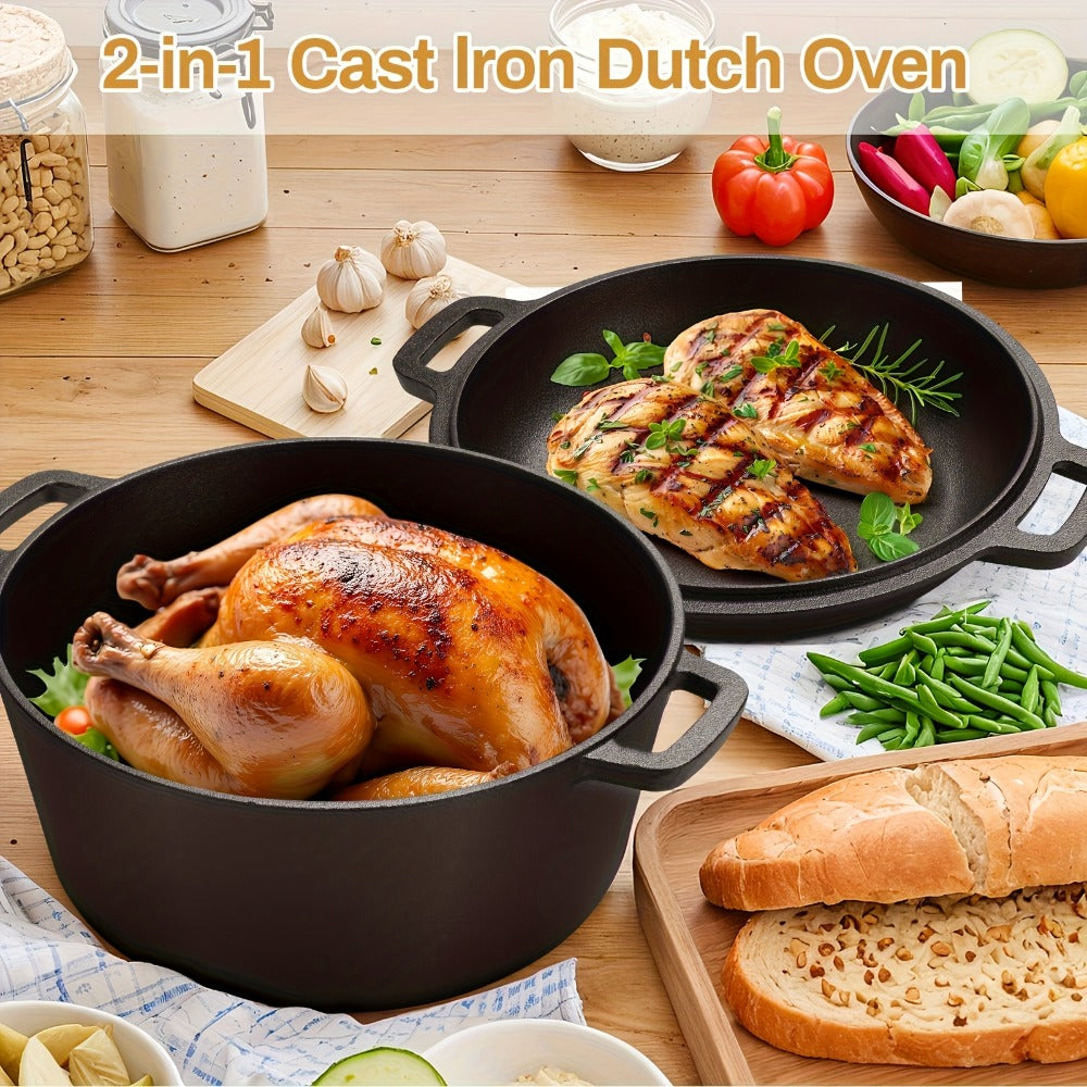 Cast Iron Dutch Oven Set 5.1QT & 7QT with Skillet Lid ¨C Pre-Seasoned 2-in-1 Cookware for Stovetop, Induction, Oven, Campfire & BBQ, Sourdough Bread Baking, Frying, Camping