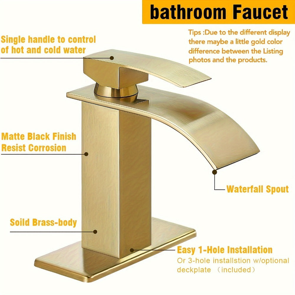 Waterfall Bathroom Sink Faucet, Single Hole or 3-Hole Mixer Tap with 6¡± Deck Plate, Ceramic Valve, Vanity Faucet for Farmhouse RV Bathroom, Brushed Gold Matte Black Nickel Chrome