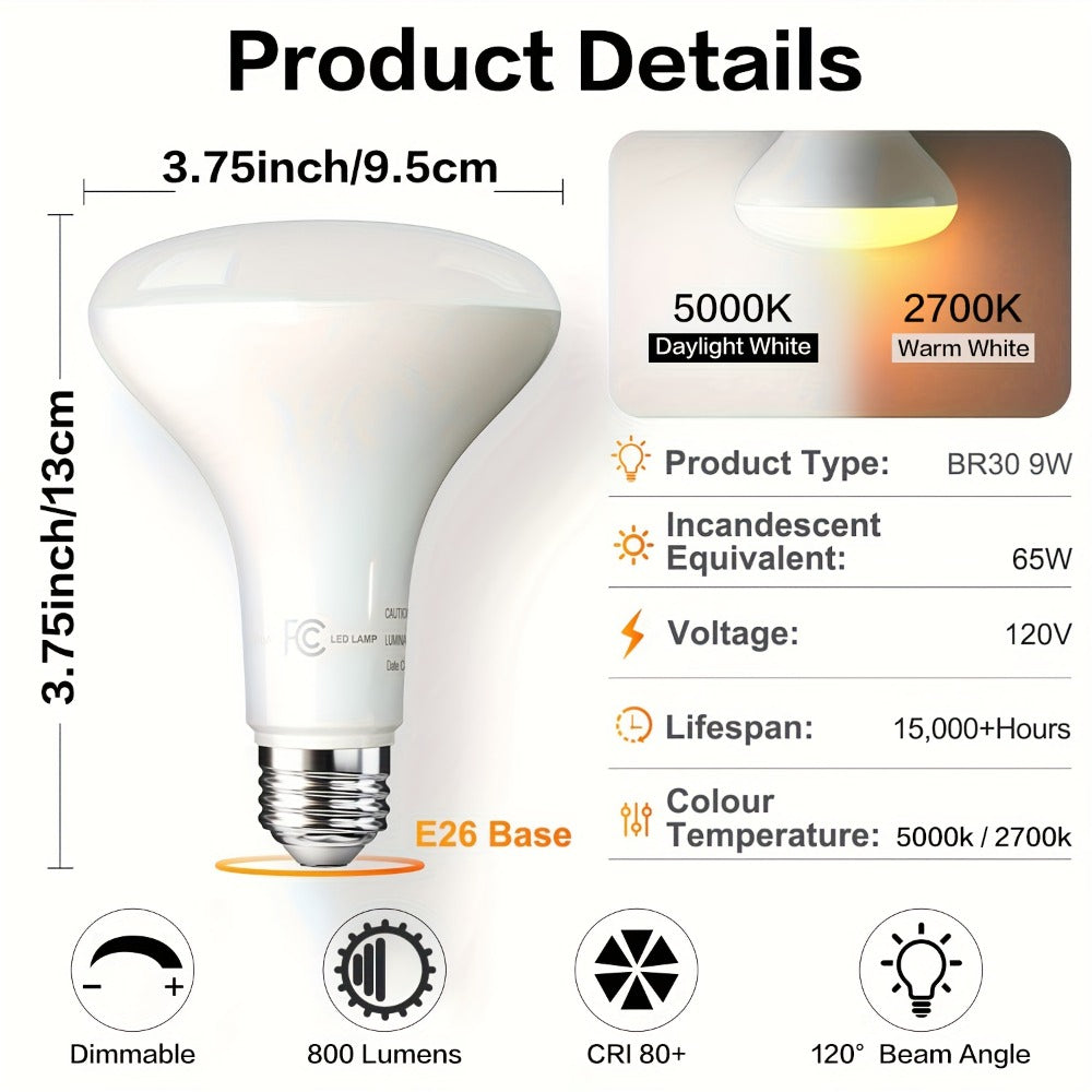 BR30 LED Flood Light Bulbs Dimmable 9W = 65W Equivalent 800 Lumens E26 Base CRI 80+ Recessed Light Bulbs for Ceiling Kitchen ¨C 2700K Soft White or 5000K Daylight ¨C Available in 6-Pack & 24-Pack