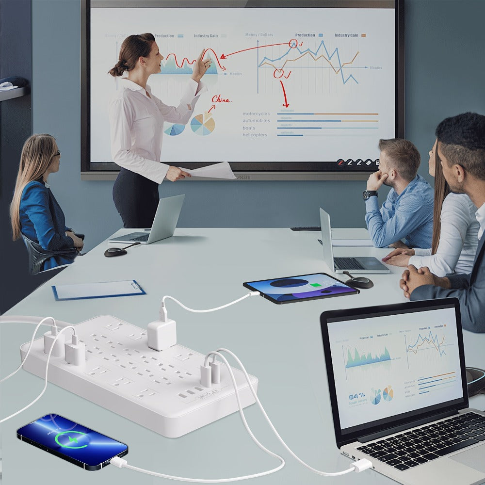 Surge Protector Power Strip with USB C Ports 22 AC Outlets 5 USB Ports - 6ft Flat Plug Extension Cord PD 20W Fast Charging 1875W 15A - Heavy Duty Wall Mount Under Desk Power Strip White