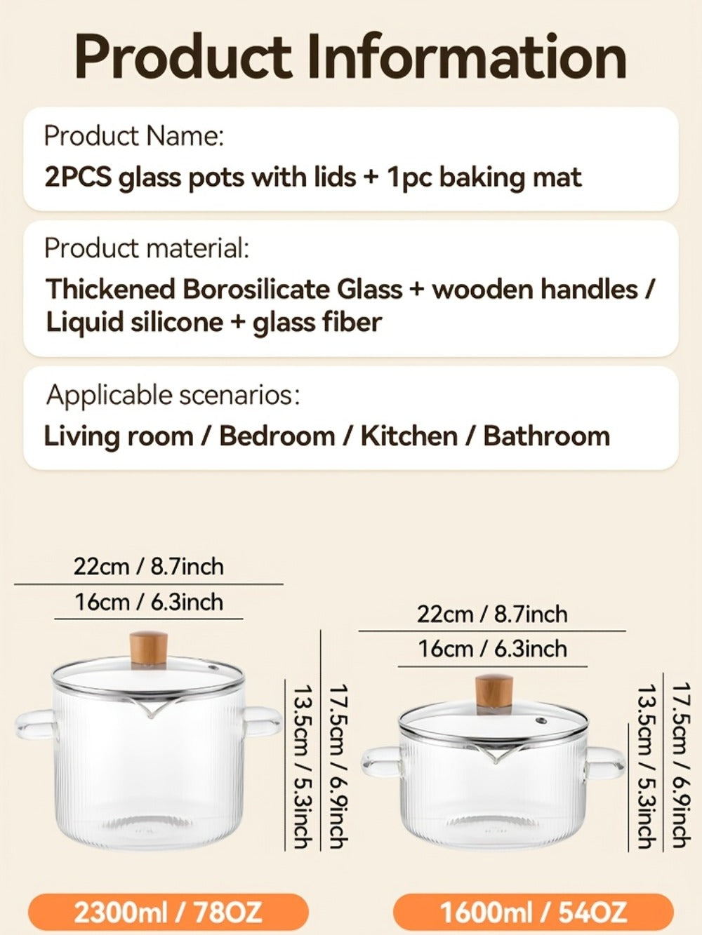 Glass Saucepan Set 2-Pack Stovetop Safe Borosilicate Ribbed Pots with Lids ¨C 78oz & 54oz Heat Resistant Cookware for Soup, Ramen, Milk | Transparent Glass Pot Kitchen Cooking Set with Baking Mat