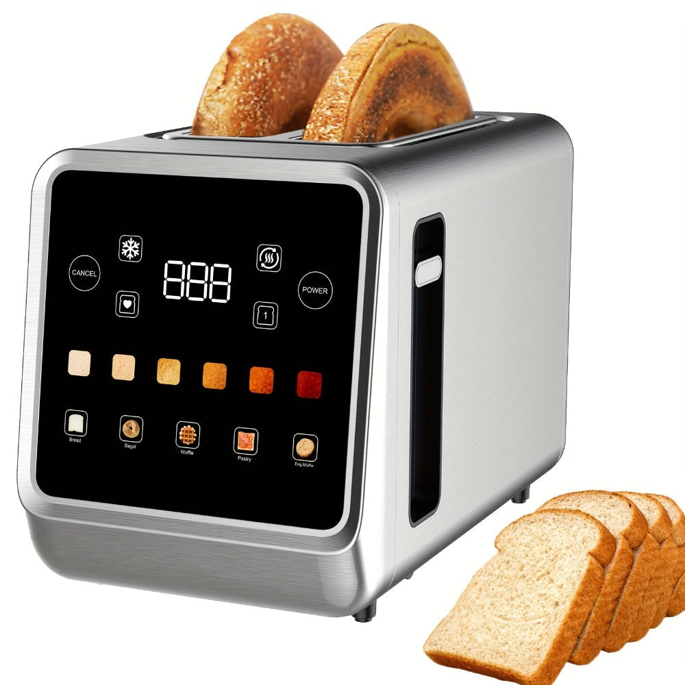 Digital Touch Screen Toaster 2 Slice Stainless Steel with 5 Bread Functions 7 Shade Settings Bagel Defrost Reheat Cancel Removable Crumb Tray LED Display Kitchen Toaster