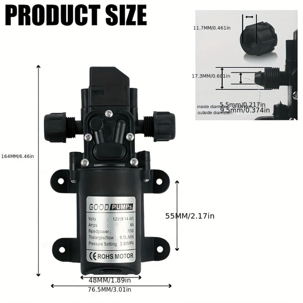 12V DC High Pressure Diaphragm Water Pump 70W Self Priming Pump 6L/Min 0.9MPA Portable Booster Pump for RV Caravan Boat Sprayer Cooling Welding Drill Cleaning Water Transfer
