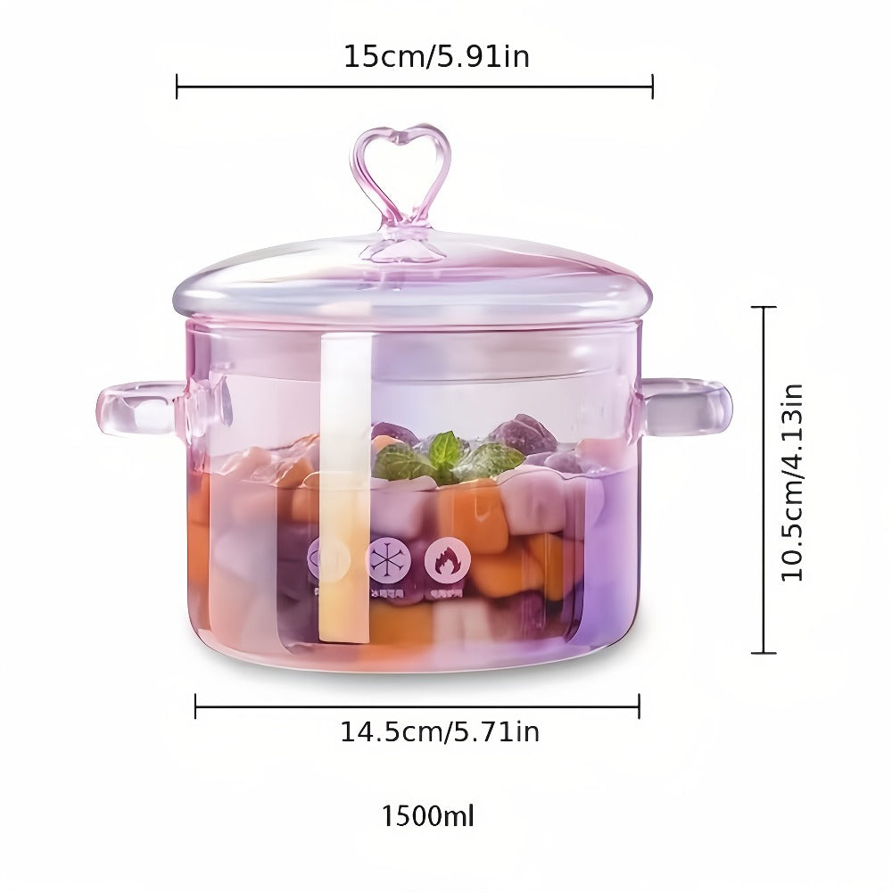 Pink Glass Cooking Pot with Heart-Shaped Lid 1500ml - Multifunctional Boiling Stewing Pot for Pasta Soup Congee Noodles Compatible with Electric Ceramic Stove (Pink)