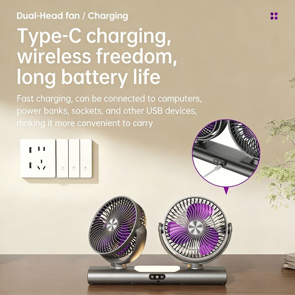 Double Head Air Circulation Fan USB Rechargeable | Desktop & Wall-Mounted 3-Speed Dual-Head Fan with Atmosphere Night Light, Multi-Angle Airflow for Camping, Home & Office ¨C Grey & White