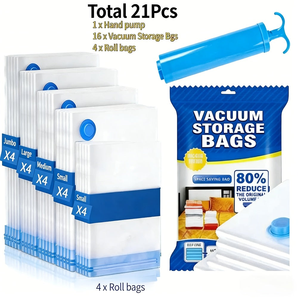 Vacuum Storage Bags with Air Pump, 20-21 Pack Reusable Compression Bags for Clothes, Quilts & Blankets ¡ª 4 Sizes Space-Saving Storage for Travel, Moving & Organizing | Transparent