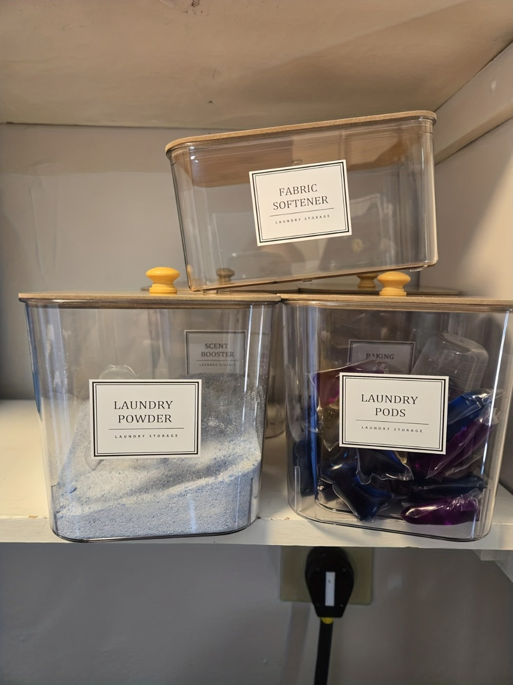 Laundry Pods Container & Dryer Sheet Holder Set with Bamboo Lids, Clear Laundry Room Organization Containers for Scent Booster, Powder, Pods ¨C 3+1 Pack