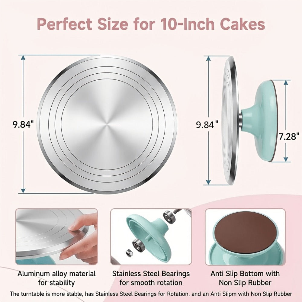 Cake Turntable Stand 10 Inch Aluminum 360 Degree Smooth Rotation with Frosting Spatula - Heavy Duty Rotating Cake Decorating Stand for Baking Birthday Wedding Holiday Desserts, Non-Slip Base Baking Supplies