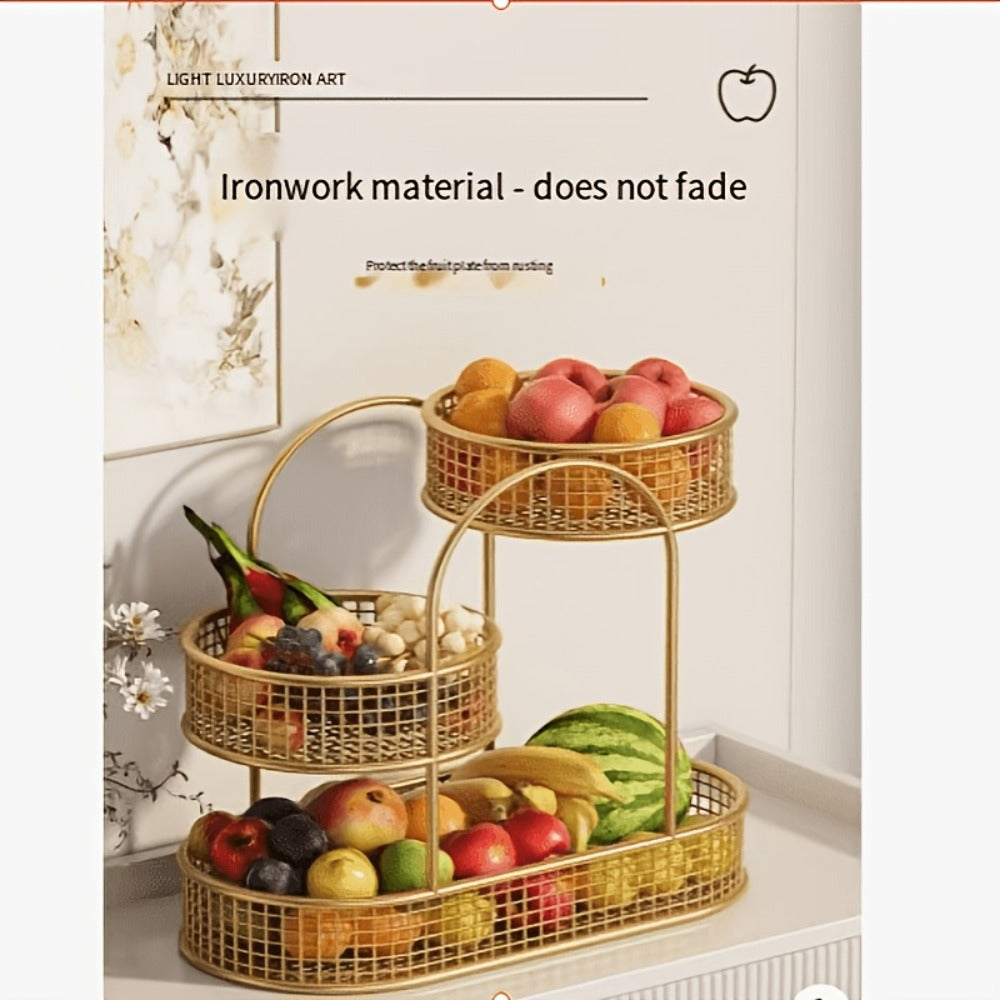 3-Tier Metal Fruit Basket Stand Extra Large Heavy Duty Countertop Fruit Bowl with Grid Design, Breathable Ventilated Multi-Level Storage Rack for Fruits Vegetables Bread Kitchen Organization
