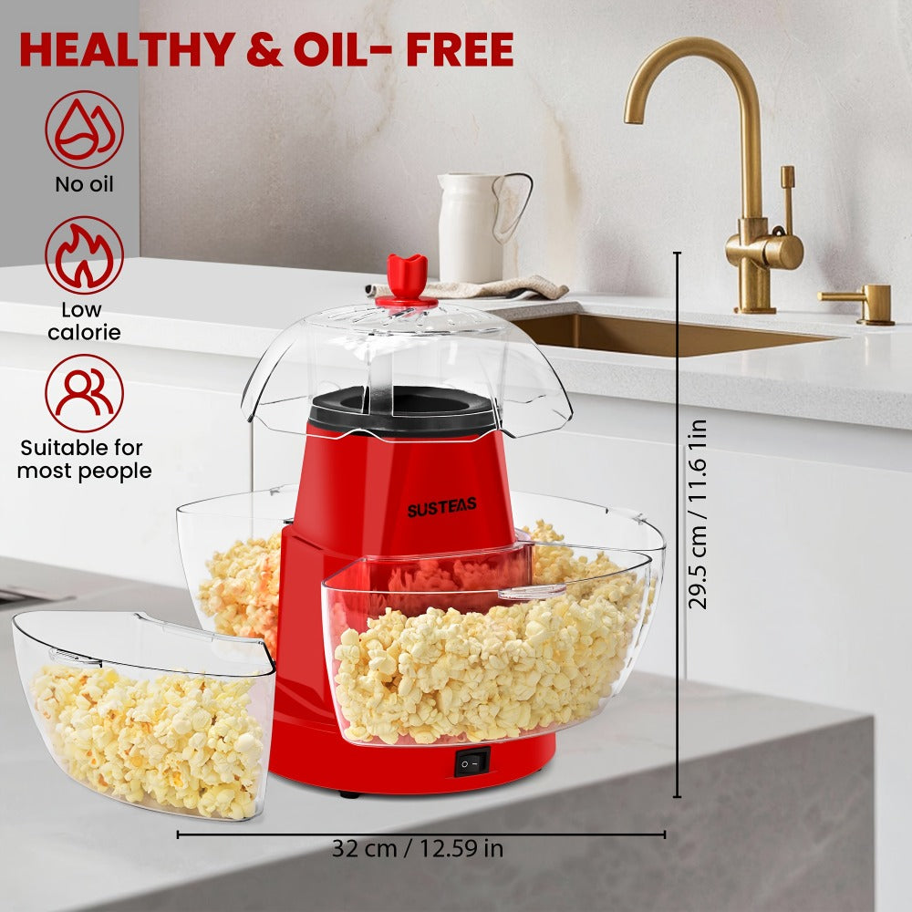 Hot Air Popcorn Maker with 4 Bowls ¨C Oil-Free Electric Popcorn Machine 95% Pop Rate Ready in 3 Min | Portable Popcorn Popper for Movie Night Family Gatherings Parties Home Theater Kitchen Use Red