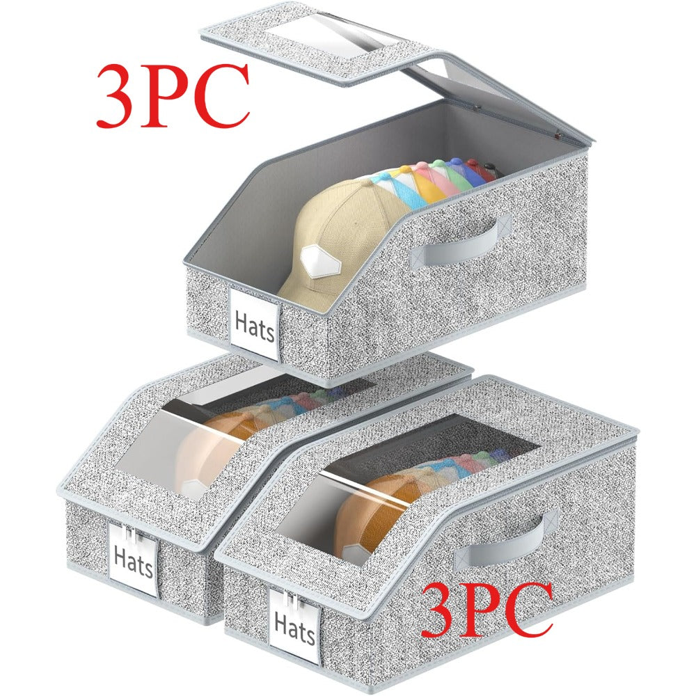 3-Pack Stackable Hat Organizer Box for Baseball Caps with Clear Window Lid, Foldable Cap Storage Holder for Closet Bedroom Shelf