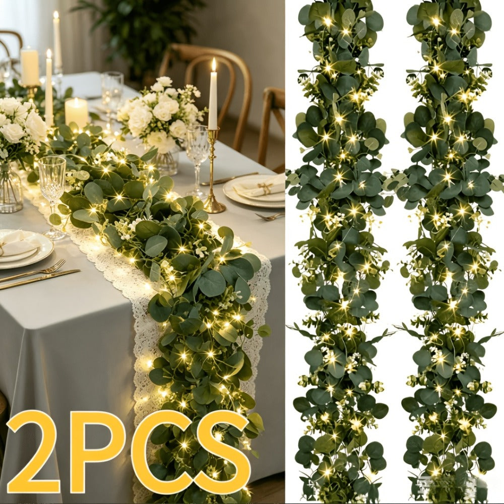 Lighted Eucalyptus Wreath Garland 6FT LED 2 Pack - Artificial Green Vine with Warm Lights for Wedding Centerpiece, Table Runner, Backdrop, Home & Seasonal Decor
