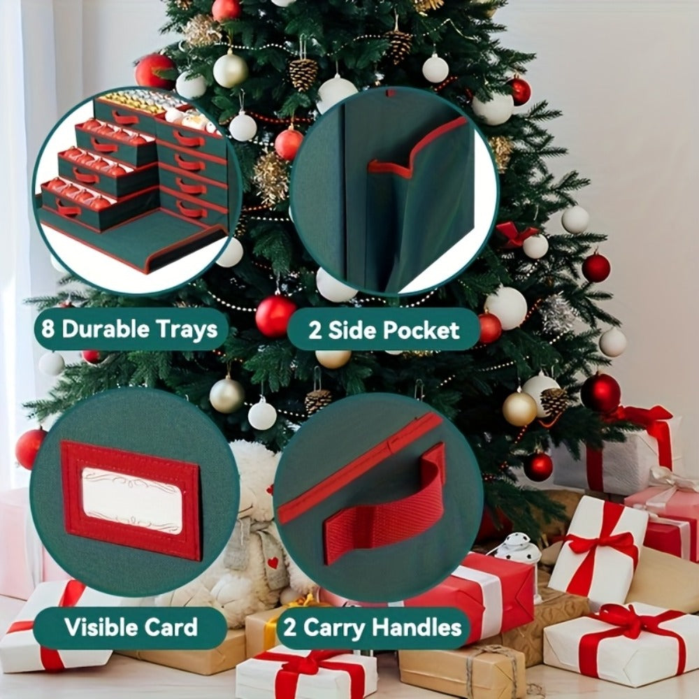 Christmas Ornament Storage Box 128 Slots 8 Trays Stackable Large Capacity Holiday Organizer with Lid Side Open Adjustable Dividers Removable Trays Red Green