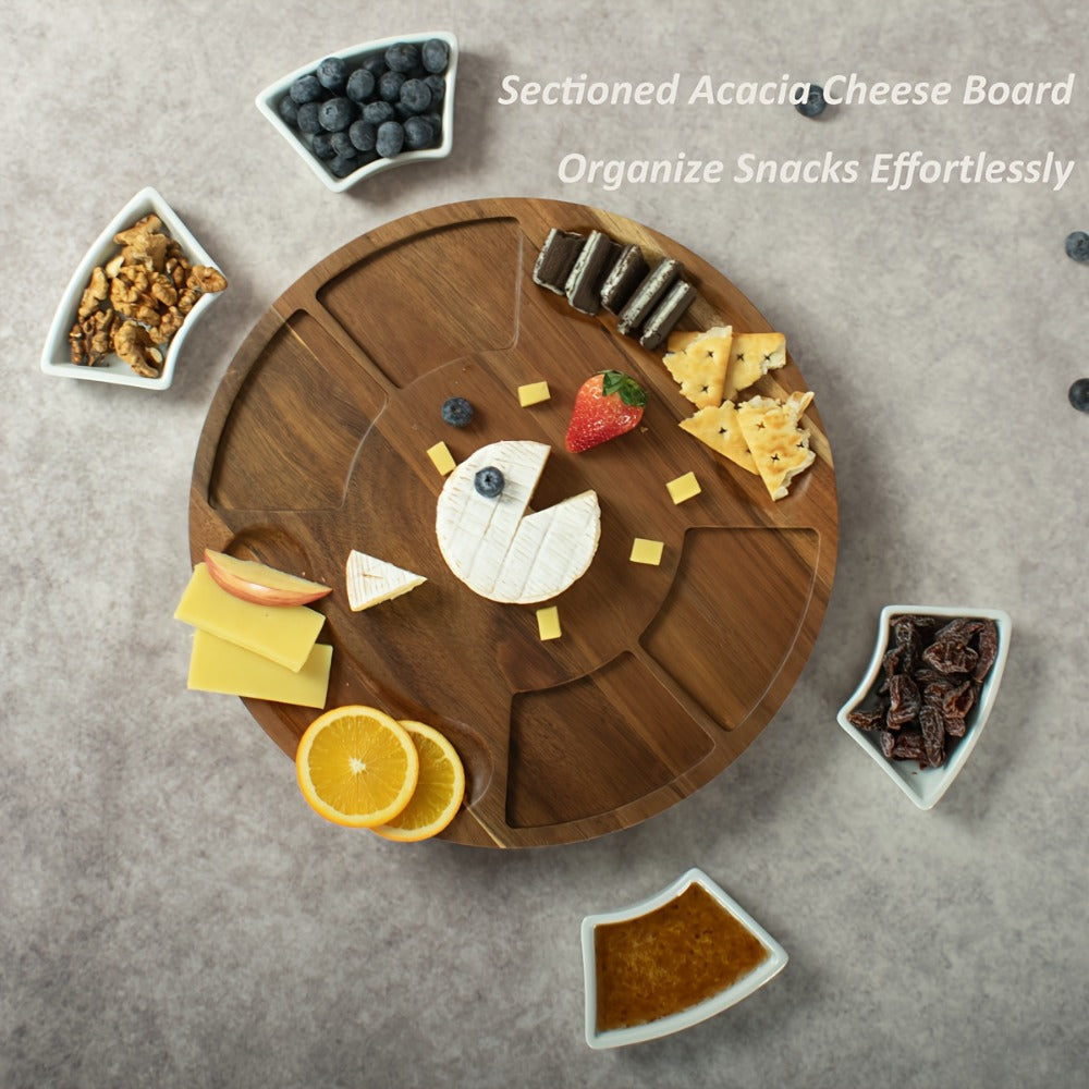 Acacia Wood Charcuterie Board Set Circular Cheese Board with Drawer Knife Set & Ceramic Bowls | Premium Serving Platter Gift Set for Housewarming Bridal Shower Wedding Birthday Women 13x13 Inch