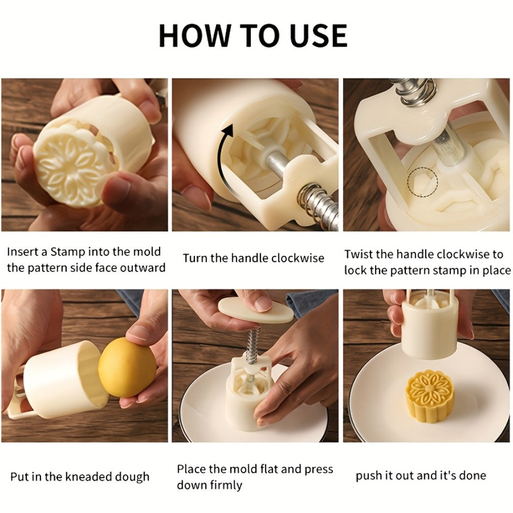 Mooncake Mold 7pcs Set, 50g Hand Press Moon Cake Maker with 6 Flower Pattern Stamps, Mid-Autumn Festival Cookie Stamp Pastry Tool, Plastic Mooncake Press Mold for DIY Baking