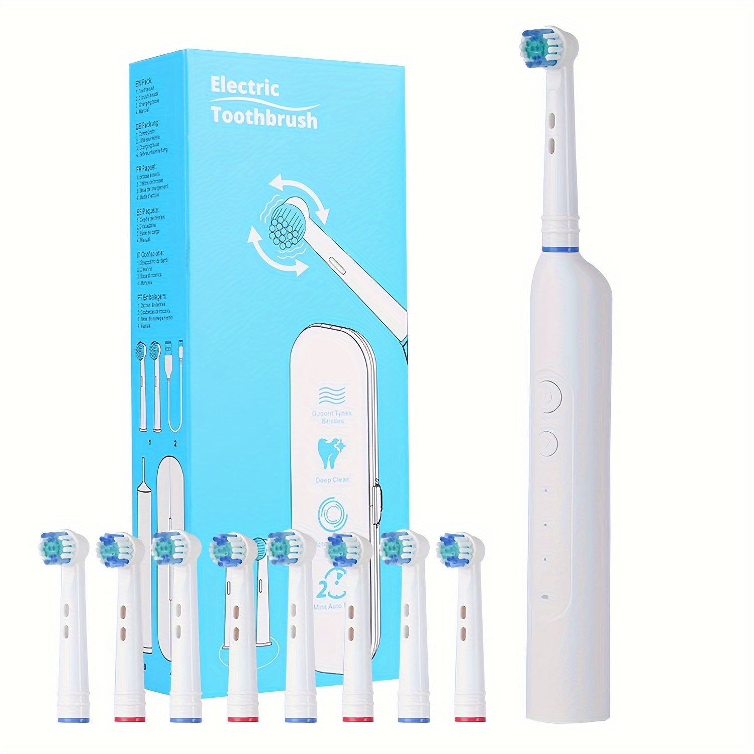 IPX7 Waterproof Electric Toothbrush with 8 Brush Heads & Travel Case ¨C 3 Rotating Cleaning Modes, USB Type-C Fast Charge, Shower-Safe Sonic Toothbrush for Adults, Black & White