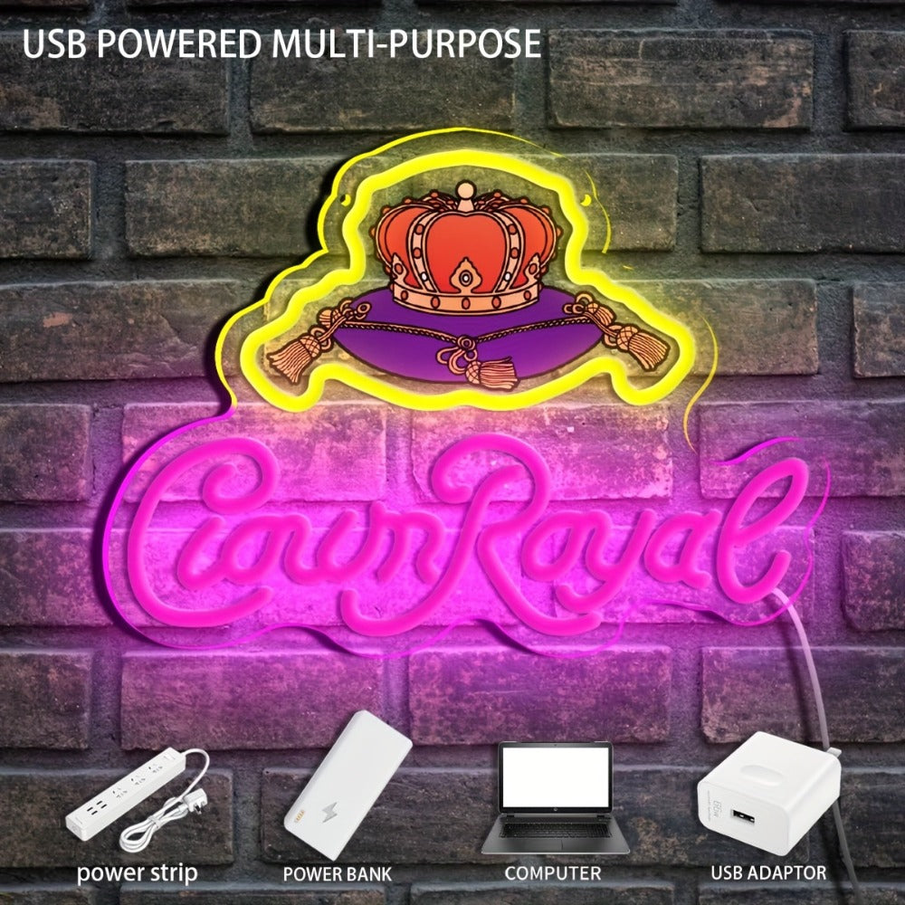 Crown Royal Neon Sign USB Powered LED Wall Art Glow Pendant Pink Orange UV Print for Game Room Bar Bedroom Birthday Party Decor Wall Decor Colorful