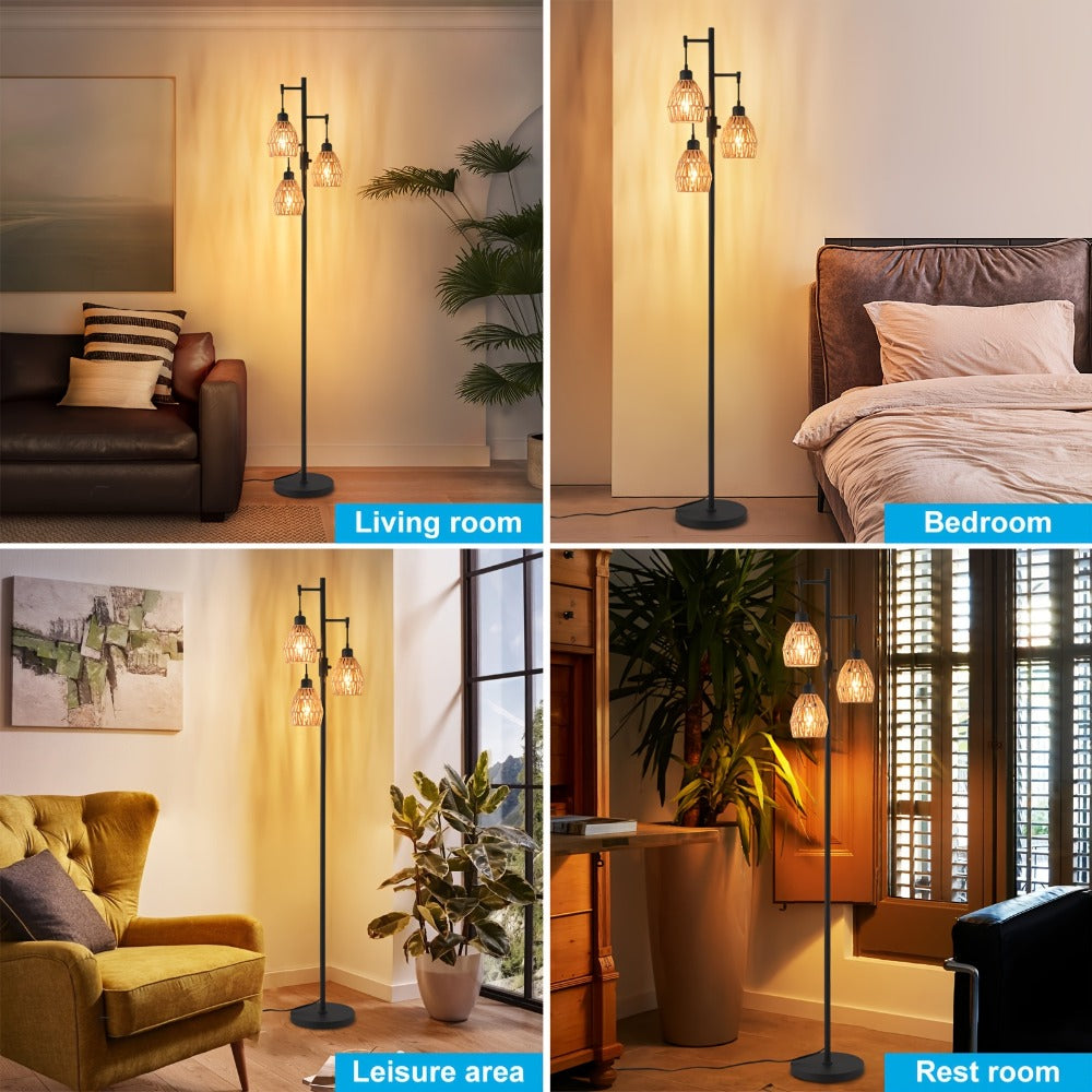 Boho Rattan Floor Lamp Dimmable ¨C 3-Light Stepless Dimming Standing Lamp with Natural Rattan Shade & Metal Base for Living Room, Bedroom, Dining Room ¨C Warm Bohemian Home Lighting