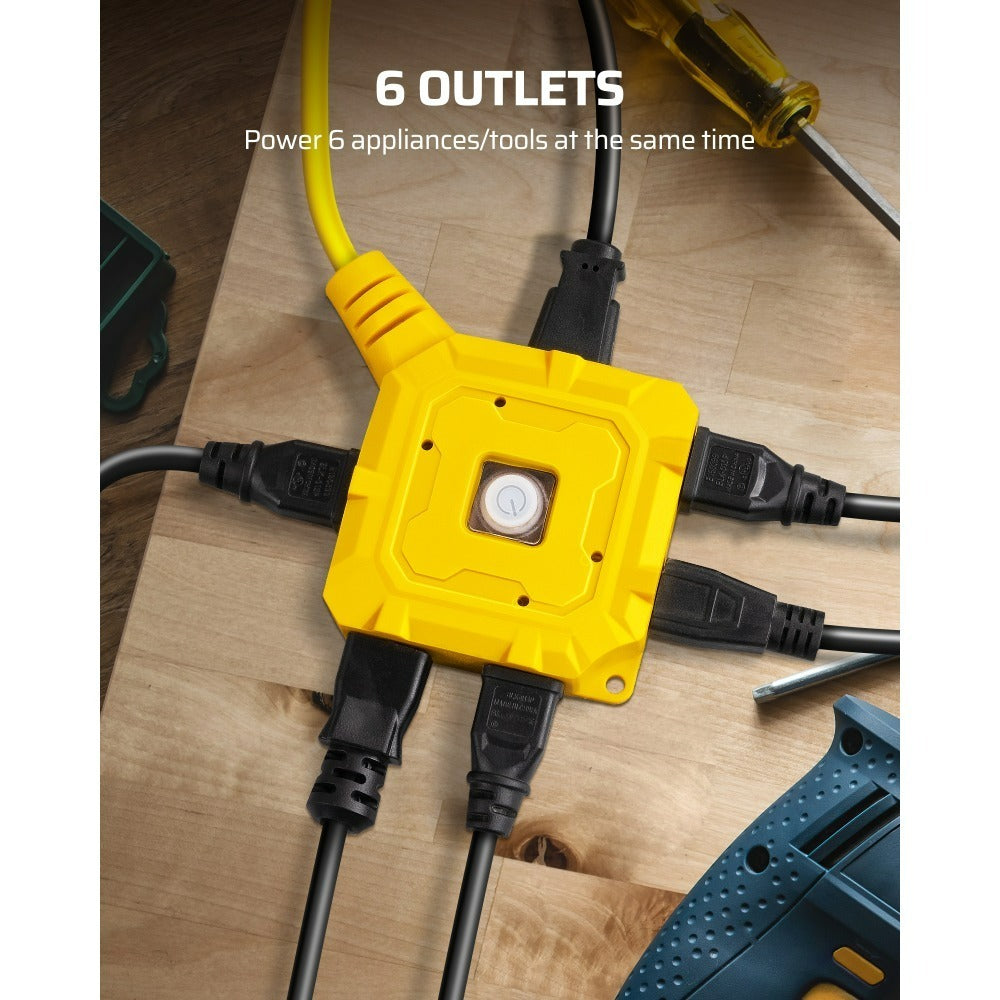 Heavy Duty Extension Cord 25ft 6-Outlet SJTW 14AWG with Protective Cover & On/Off Switch ¨C Outdoor Indoor Power Strip Cord for Workshop, Garage, Christmas Lights, Tools