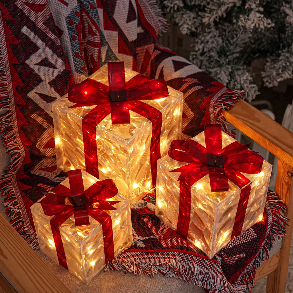 Christmas Light-Up Gift Boxes Set of 3 ¨C USB & Battery LED Warm White Lighted Decorations with Timer, 8 Lighting Modes, Red Bow, Indoor Outdoor Holiday Home Decor