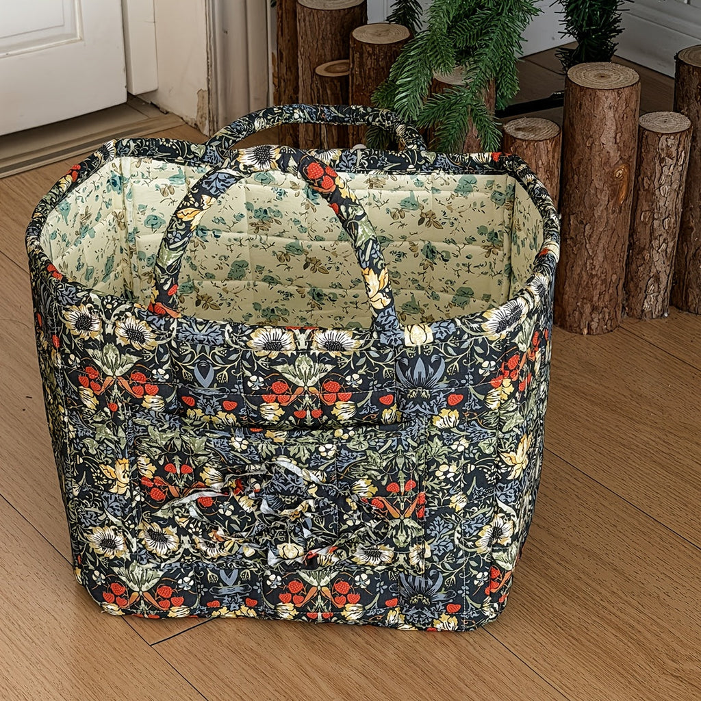 Floral Storage Basket Large Capacity Quilted Vintage Flower Pattern Portable Home Organizer Basket for Shelf Bedroom Closet Living Room Pink Peony Red Marigold Boho Decor