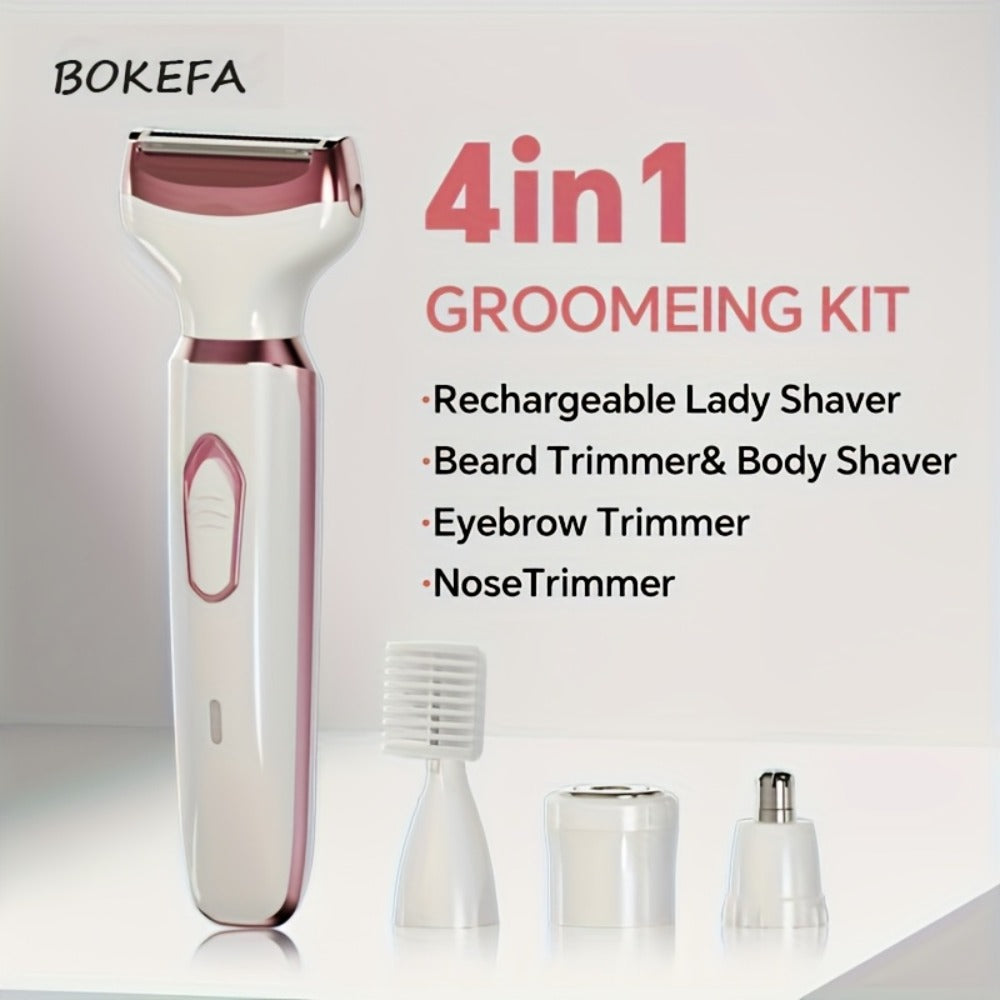 Women's Electric Razor 4-in-1 Painless Grooming Kit Wet Dry Rechargeable Trimmer for Face Nose Legs Underarm Bikini Portable Hair Removal Tool for Women