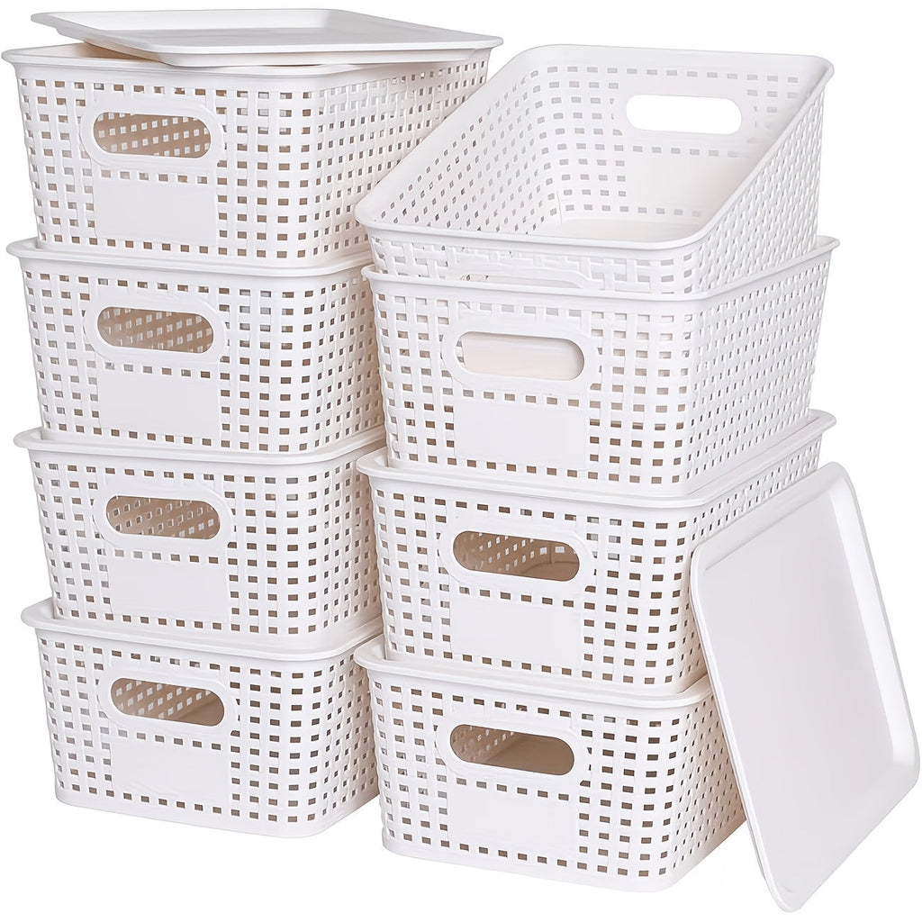 Storage Organizer Bins with Lids 4/8 Pack | Space-Saving Stackable Boxes 10¡±x7¡±x4¡± for Shelves, Closet & Desk - Declutter Bins for Dorm, Playroom & Office with File Organizer Bag, White Black Gray Red