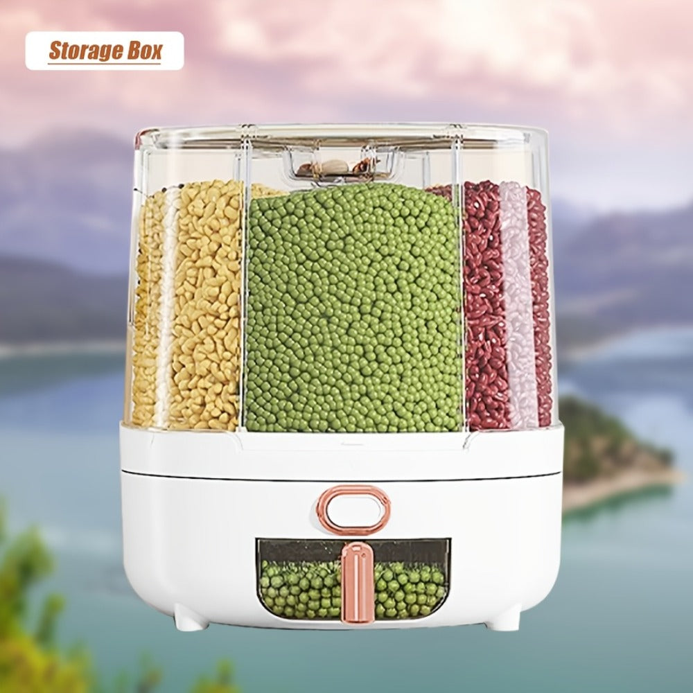 Rice Dispenser 360 Rotating 6 Compartment Grain Storage Container - Airtight Moisture Proof with Transparent Window, Food Grade PP, Large Capacity for Rice Cereal Flour and Pet Food, Medium 13lb or Large 22lb