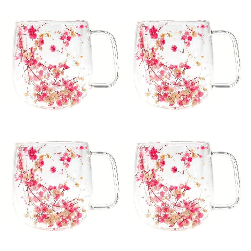 Double Wall Glass Coffee Cups with Handle Set of 4 ¨C Borosilicate Thermal Mugs for Latte Cappuccino Tea | Dried Flower & Petal Design Transparent Drinkware for Office Home Gifts