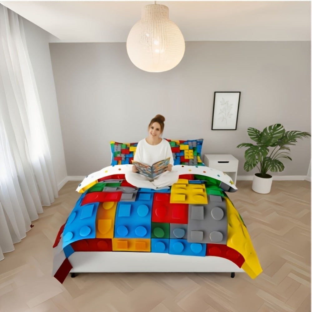 Building Blocks Duvet Cover Set 3D Rainbow Gradient Colorful Brick Bedding Set Kids Room Decor Microfiber Zipper Closure Twin Full Queen King No Comforter