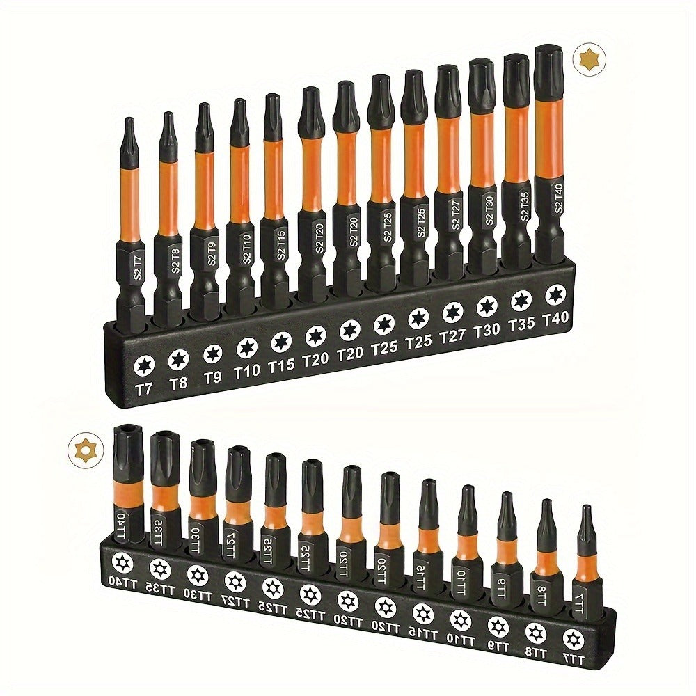 Impact Torx Bit Set 26pcs T7-T40 S2 Steel CNC Machined Tips Security Tamper-Proof Torx Bits 1¡± & 2¡± Lengths for Impact Drivers Drills Power Tools Automotive Repair DIY Projects