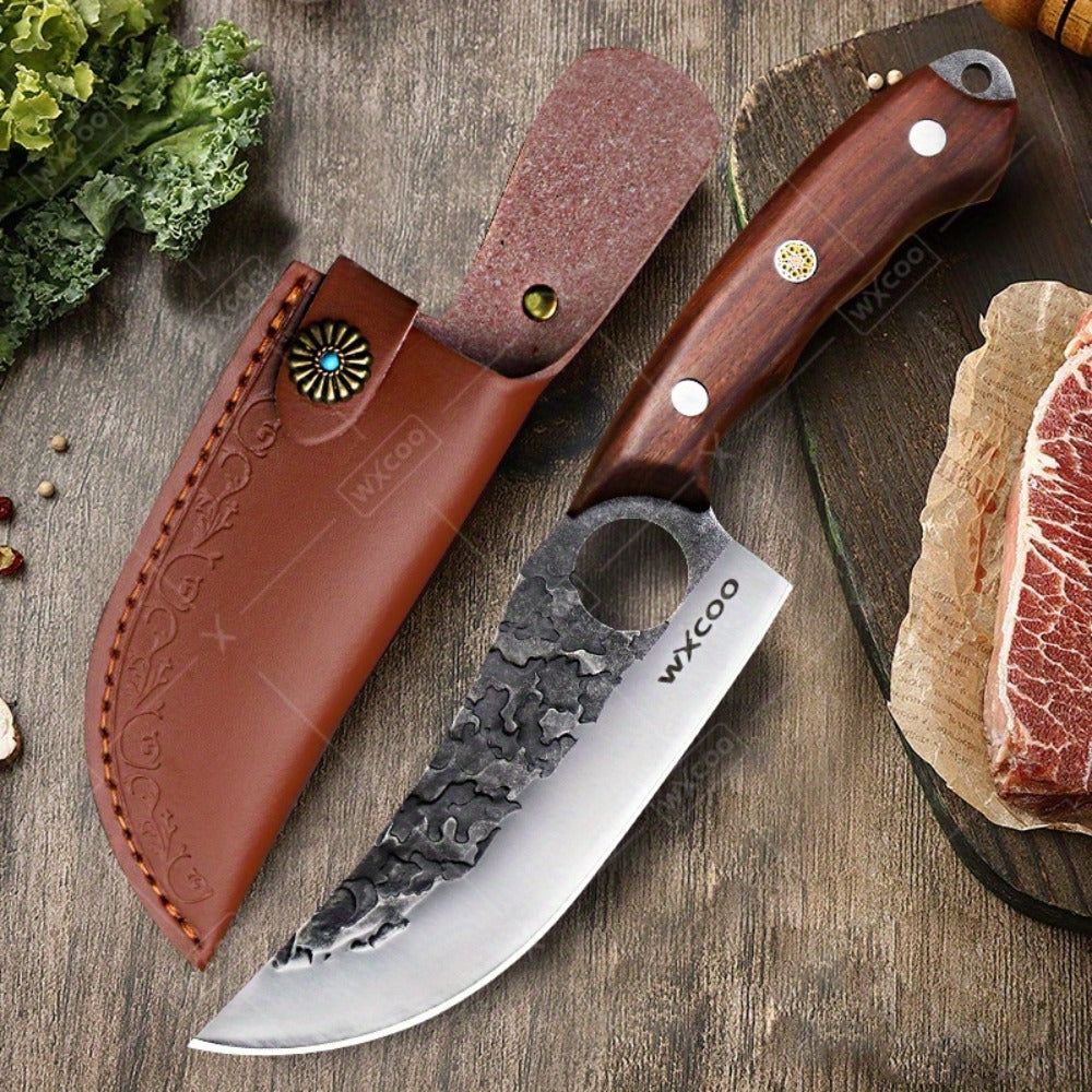 Viking Chef Knife Set 3/4pcs Hammered Stainless Steel Kitchen Knives ¨C Boning, Utility & BBQ Knife with Wooden Handle for Cooking, Camping & Outdoor