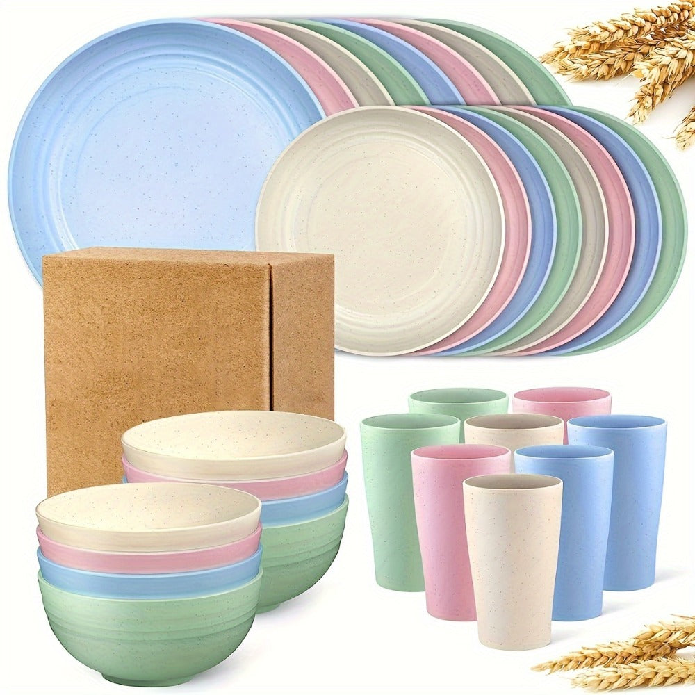 32pcs Wheat Straw Dinnerware Set for 8 - Unbreakable Plastic Plates Bowls Cups Set, Lightweight BPA-Free PP Tableware for Picnic Camping Outdoor, Modern Round Dishware for Home Parties Holiday