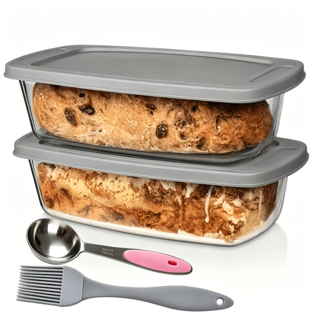 Glass Baking Dish with Lid, 1.9 Qt Rectangular Glass Loaf Pan with Handles, Oven & Microwave Safe Airtight Food Storage Container, Stackable Glass Bread Pan for Baking Bread Cakes, with Silicone Brush