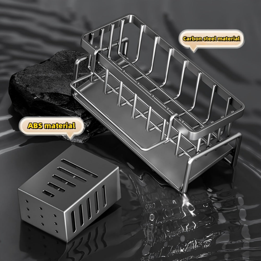 Kitchen Sink Organizer Sponge Holder with Self-Draining Tray Removable Rag Rod Carbon Steel Countertop Storage Rack for Sponges Brushes Soap Bathroom
