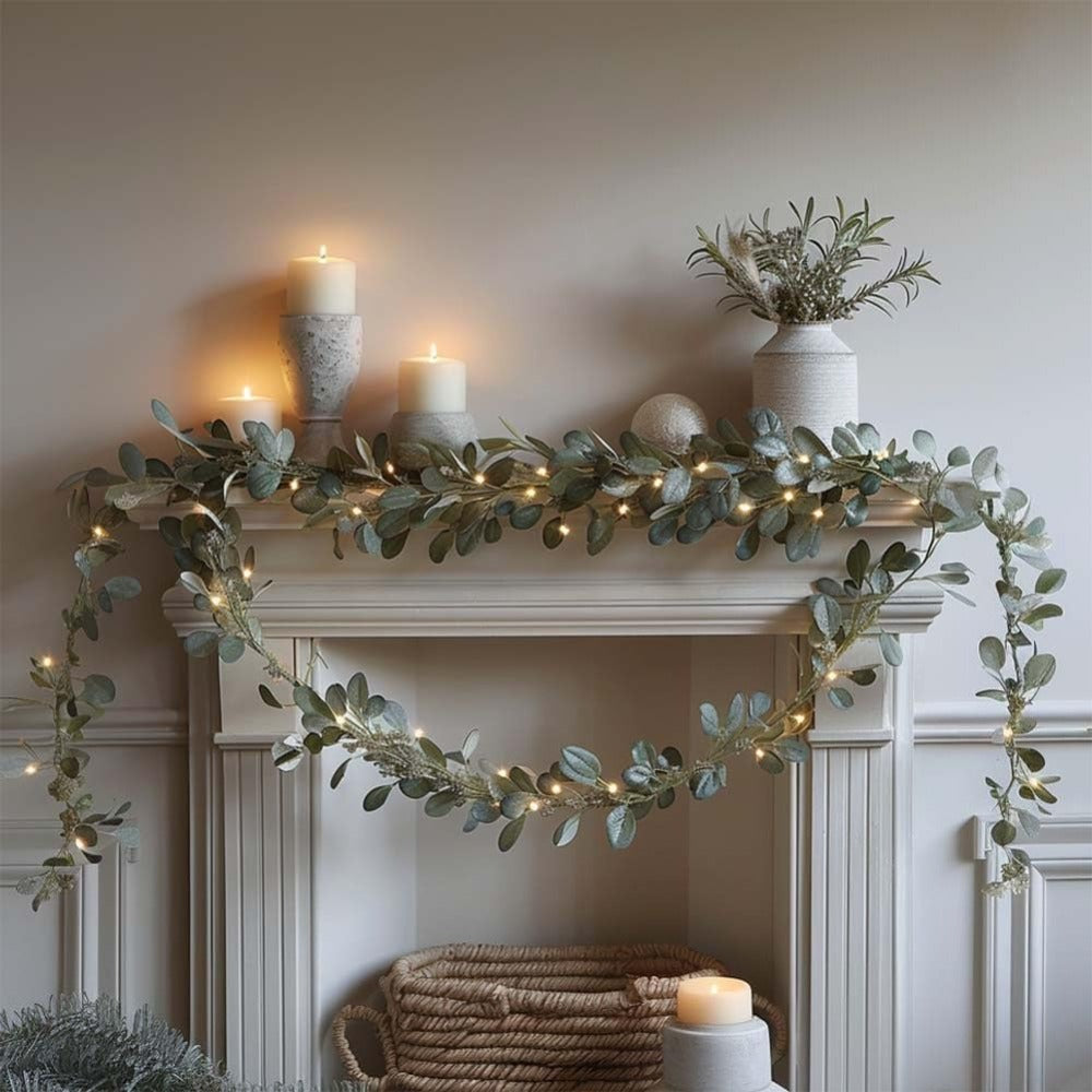Eucalyptus Leaf Wreath String Lights 4pcs Battery Powered Warm LED Fairy Lights for Holiday Table Centerpiece Indoor Home Decoration
