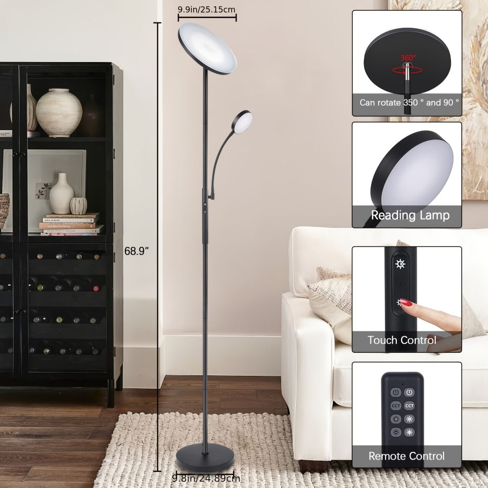 LED Floor Lamp with Reading Light ¨C 27W 2300LM Dimmable Torchiere Standing Lamp, 4 Color Temperatures, Remote & Touch Control, Metal Base for Living Room Bedroom Home Office (Black/White)