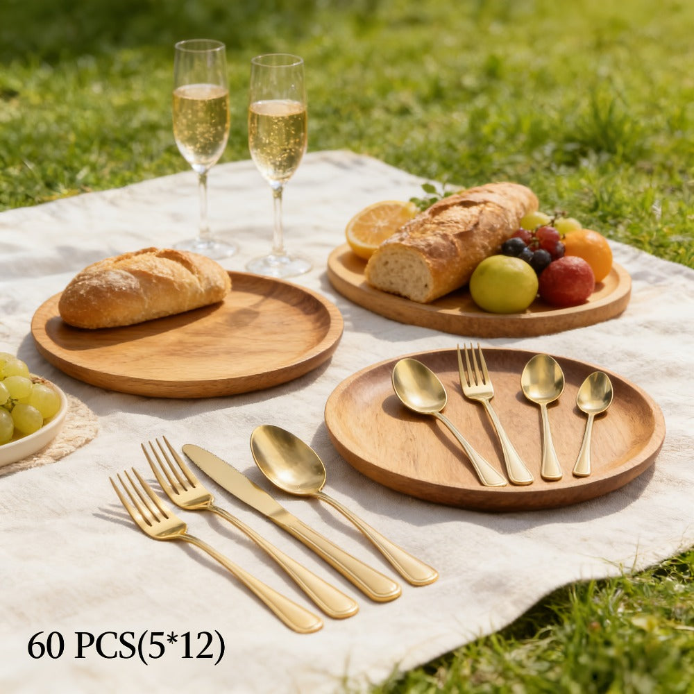 84-Piece Golden Cutlery Set Service for 12 | Knife Fork Spoon Set for Family Gatherings Camping BBQ Kitchen Utensils