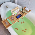 Bamboo Bath Caddy Tray with Adjustable Reading Rack - Expandable Bathtub Tray, Water-Resistant, Space-Saving Bathtub Organizer for Books, Tablets & Bath Essentials