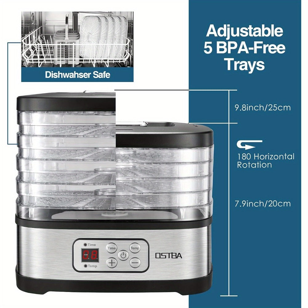Food Dehydrator Machine 5 Tray BPA Free 240W LED Digital Touchscreen Adjustable Temperature 95-158F 72H Timer for Jerky Fruit Herbs Dog Treats Snacks Electric Food Dryer with Recipe Book