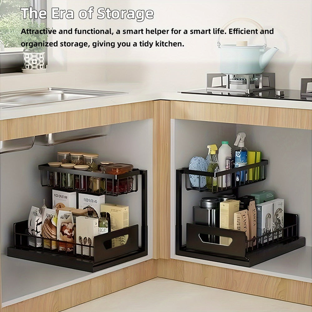 2-Tier Pull-Out Cabinet Organizer Metal Sliding Drawer, Kitchen Sink Storage Container for Bathroom Tabletop Study, Push-Pull Stackable Organizer for Kitchen Bathroom Cabinet