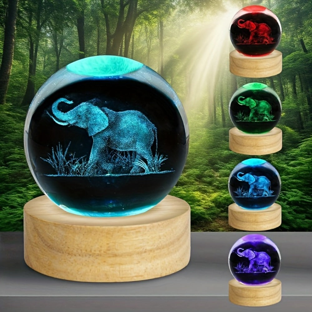 3D Elephant Crystal Ball LED Lamp USB Powered Colorful Night Light Wooden Base Elephant Figurine Tabletop Decor Gift for Women Mom Wife Girlfriend Birthday Valentine Anniversary