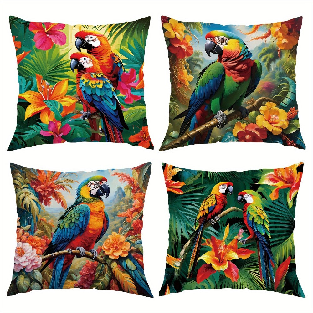 Tropical Parrot Throw Pillow Covers 4 Pack Vibrant Floral Bird Print Soft Polyester Cushion Covers Zipper Closure Machine Washable for Sofa Bedroom Office Home Decor 18x18 Inch