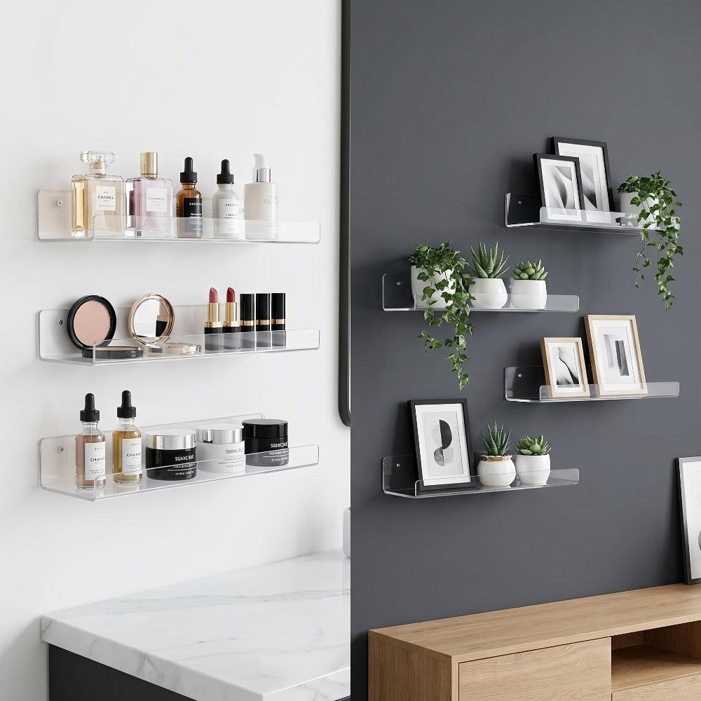 Acrylic Floating Wall Shelves - Clear Display Shelf Organizer for Bathroom, Bedroom, Living Room & Kitchen, 15x4 Inch Wall Mounted Storage Bookshelf, Set of 4/8/16 Pack Room Decor