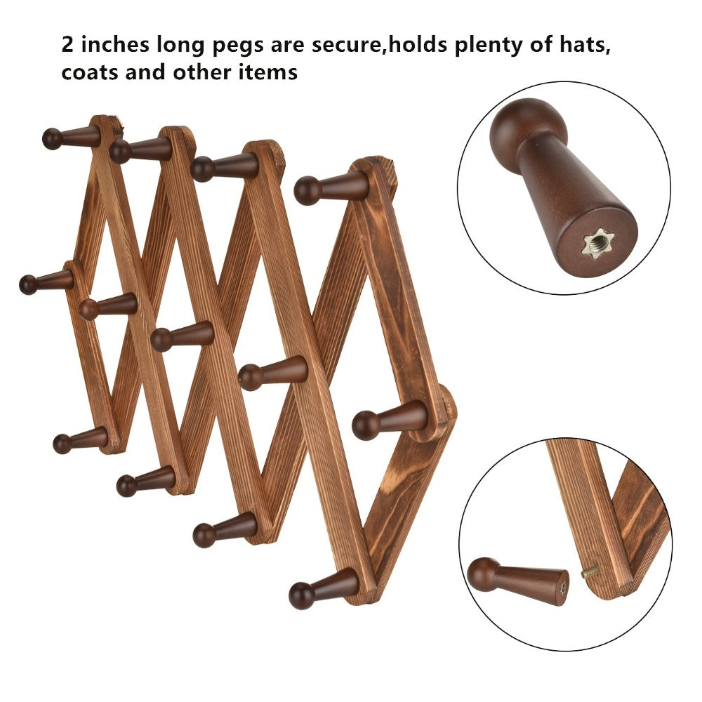 Wall Hat Rack Expandable Wood Accordion Hanger - 13 Hooks for Baseball Caps Coats Scarves Jewelry, Vintage Entryway Hallway Organizer