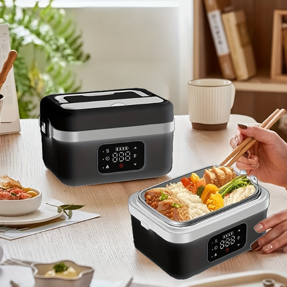 Wireless Heated Lunch Box 8000mAh Battery Powered - 60W Electric Food Warmer 1L Stainless Steel with Smart Timer 8 Settings and Power Bank Function, Portable Lunch Heater for Office Car Truck and Travel, BPA-Free with Fork Spoon and Insulated Bag